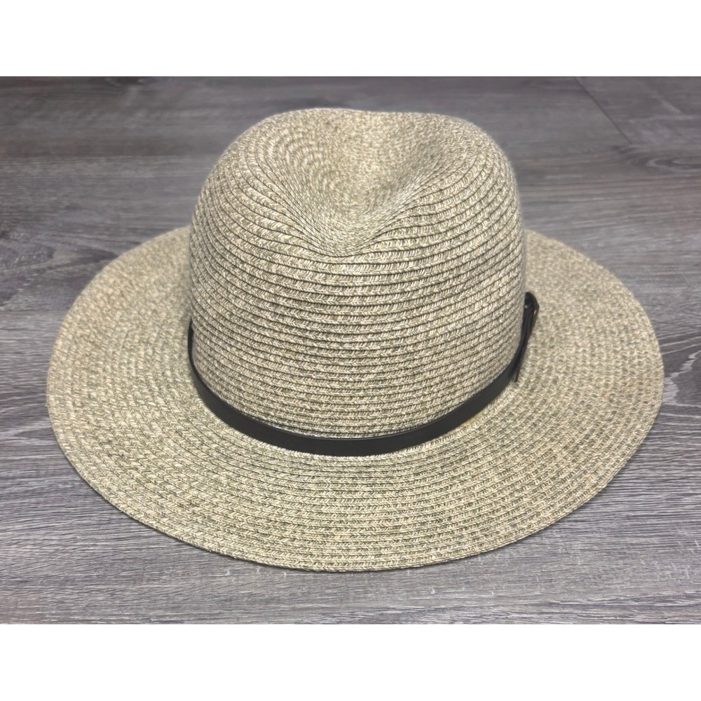 Sun N Sand Tan Woven Straw Fedora Sun Hat Wide Brim Brown‎ Faux Leather Band